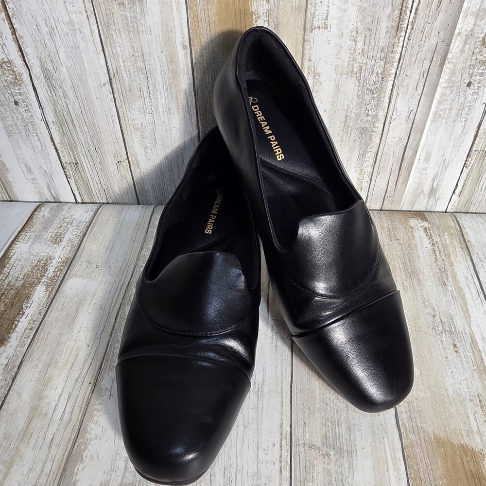 Dream Pairs Black Faux Leather Low Wedge Loafers Slip On Shoe DWUMLS2519 size8.5